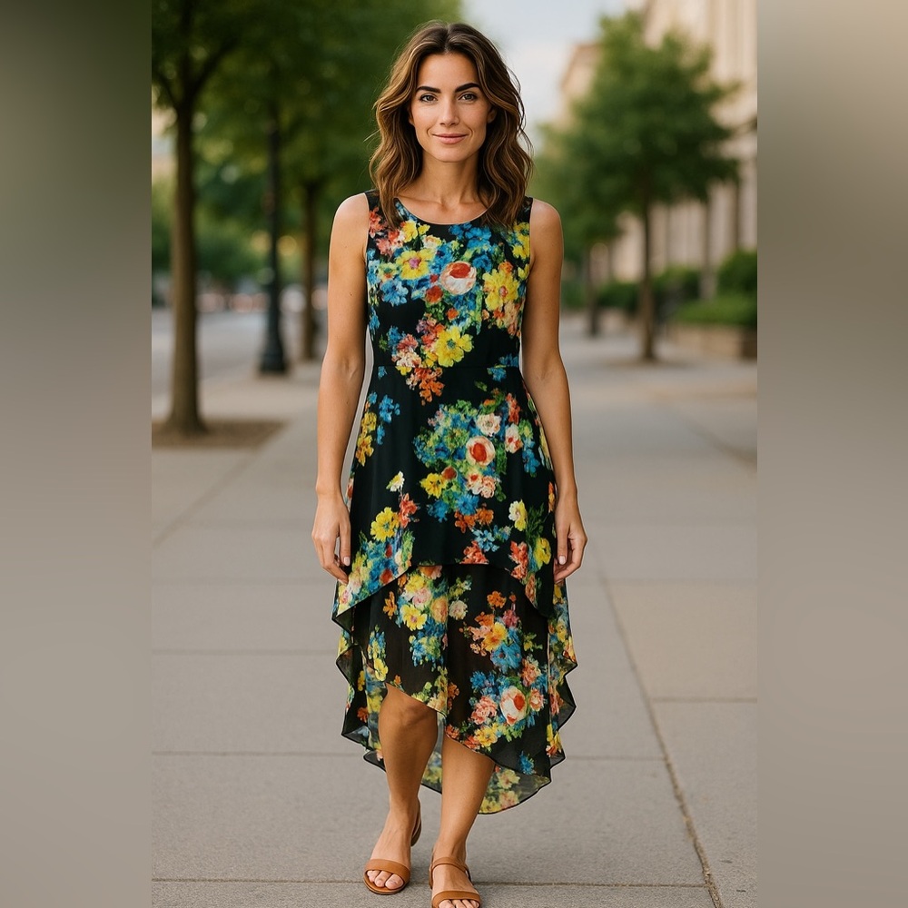Forever 21 High Low Floral Sleeveless Dress - Black Multicolor small